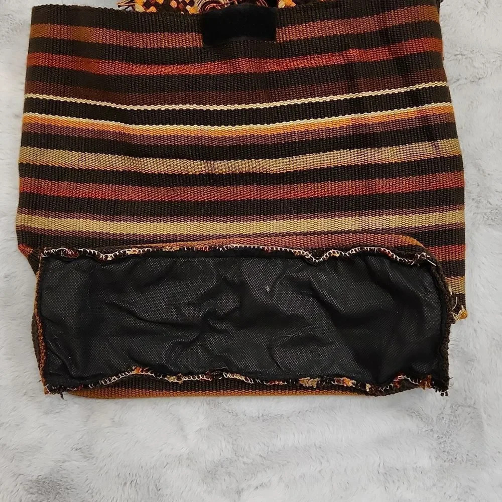 Handwoven Boho Woven Bucket Crossbody Bag Tribal Stripe Wood Bead Tassels - Picture 9 of 10